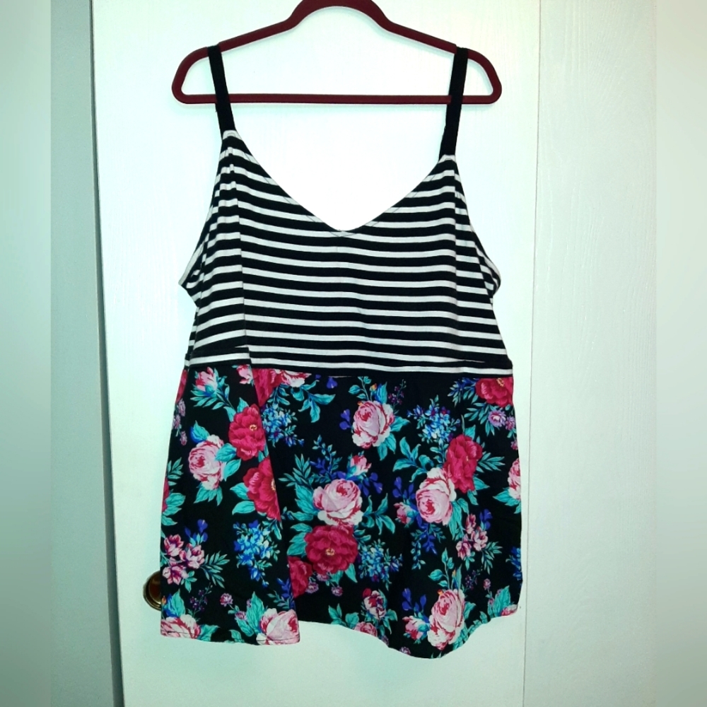 Torrid Black and White Striped Floral Tank Top